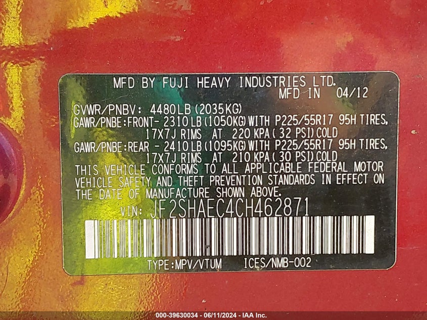 2012 Subaru Forester 2.5X Limited VIN: JF2SHAEC4CH462871 Lot: 39630034