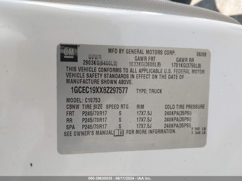 2008 Chevrolet Silverado 1500 Work Truck VIN: 1GCEC19XX8Z297577 Lot: 39630035