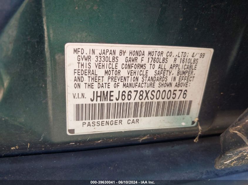 1999 Honda Civic Lx VIN: JHMEJ6678XS000576 Lot: 39630041