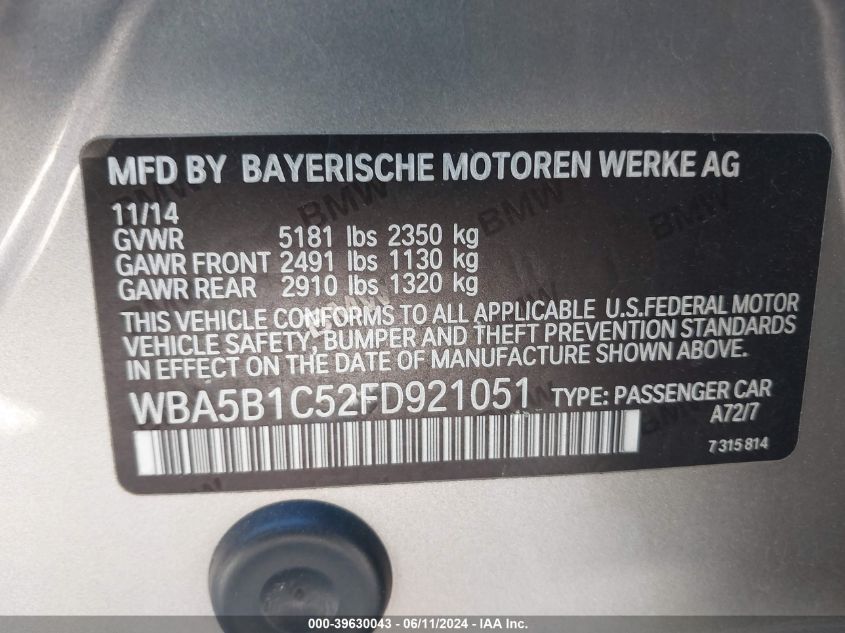 WBA5B1C52FD921051 2015 BMW 535I