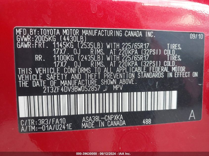 2011 Toyota Rav4 VIN: 2T3ZF4DV9BW052857 Lot: 39630058