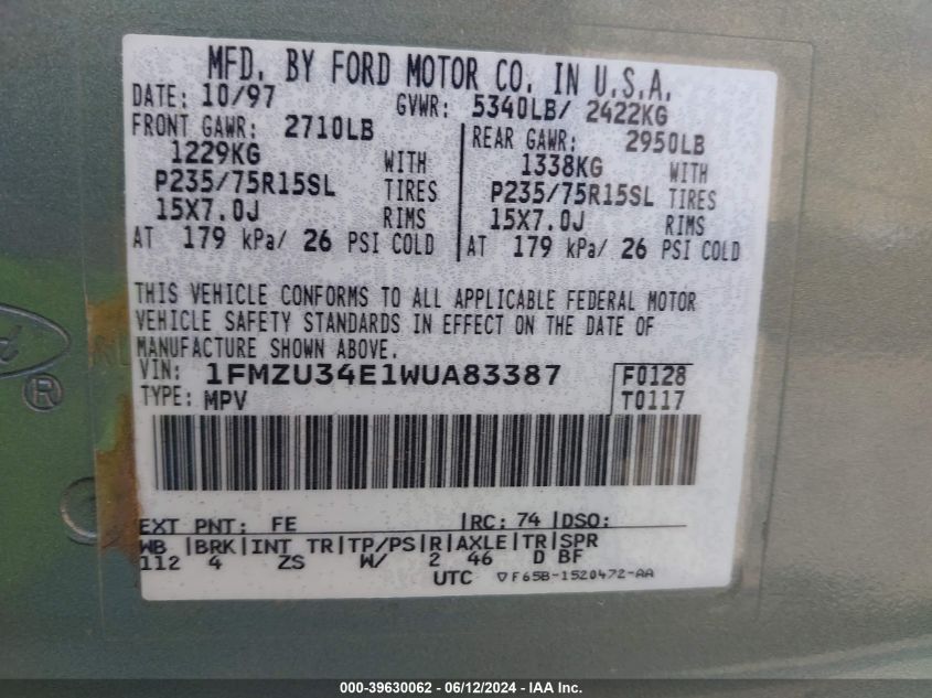 1998 Ford Explorer Eddie Bauer/Limited/Xl/Xlt VIN: 1FMZU34E1WUA83387 Lot: 39630062