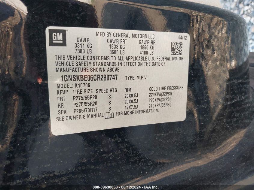 2012 Chevrolet Tahoe Lt VIN: 1GNSKBE06CR280747 Lot: 39630063