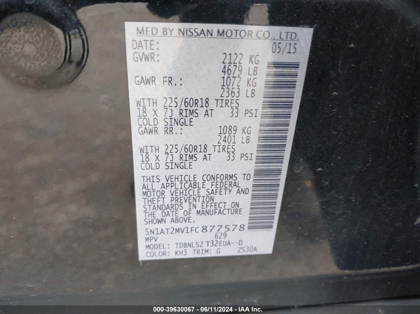 2015 Nissan Rogue Sl VIN: 5N1AT2MV1FC877578 Lot: 39630067