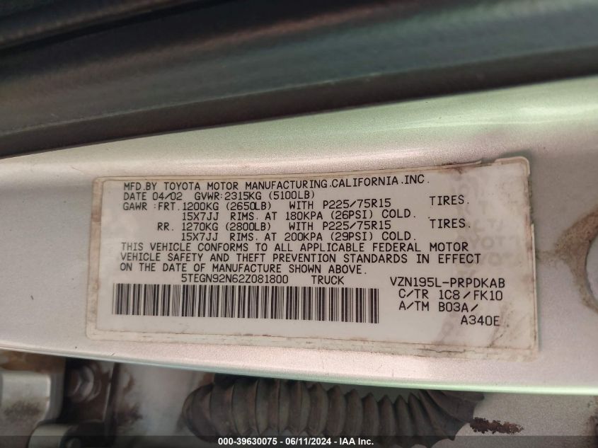 2002 Toyota Tacoma Prerunner V6 VIN: 5TEGN92N62Z081800 Lot: 39630075