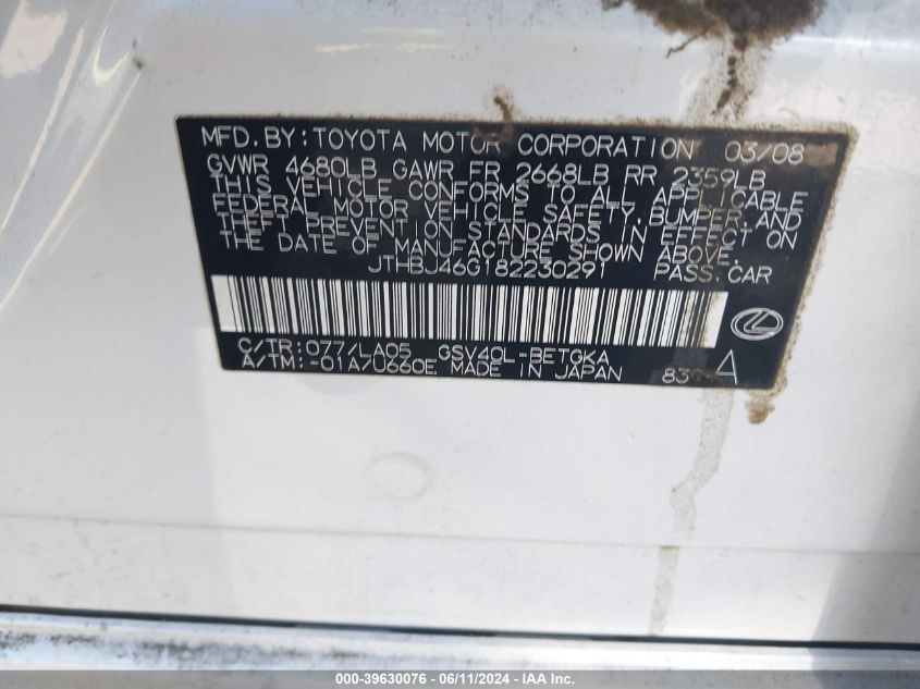 2008 Lexus Es 350 VIN: JTHBJ46G182230291 Lot: 39630076