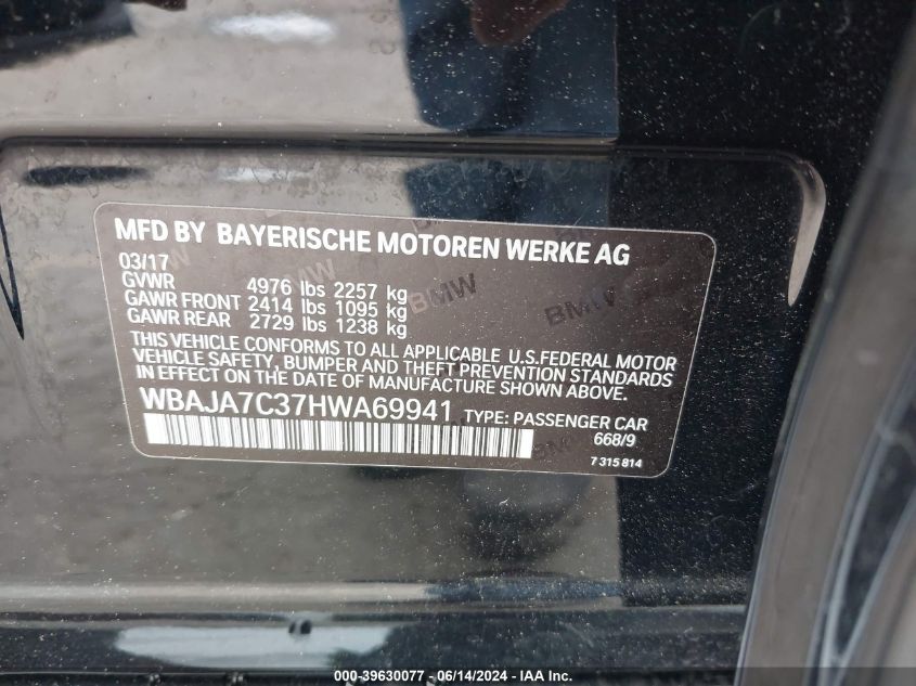 2017 BMW 530I xDrive VIN: WBAJA7C37HWA69941 Lot: 39630077