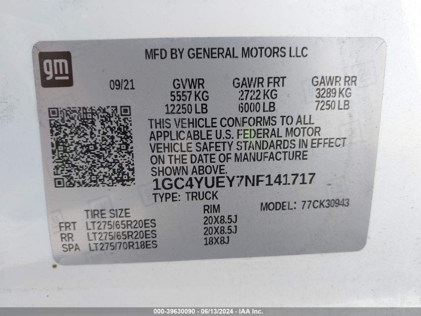 2022 Chevrolet Silverado 3500Hd 4Wd Long Bed Ltz VIN: 1GC4YUEY7NF141717 Lot: 39630090