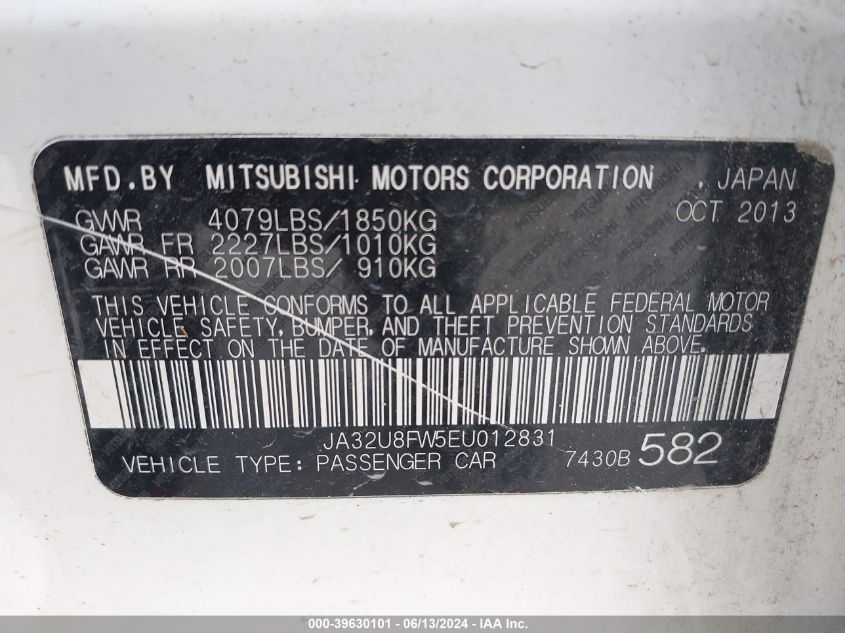 2014 Mitsubishi Lancer Gt VIN: JA32U8FW5EU012831 Lot: 39630101