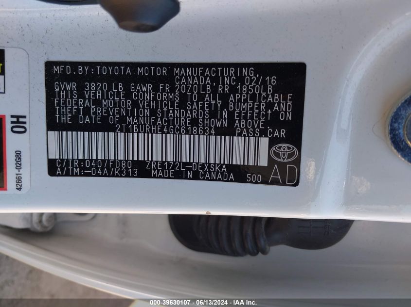 2016 TOYOTA COROLLA S PLUS - 2T1BURHE4GC618634