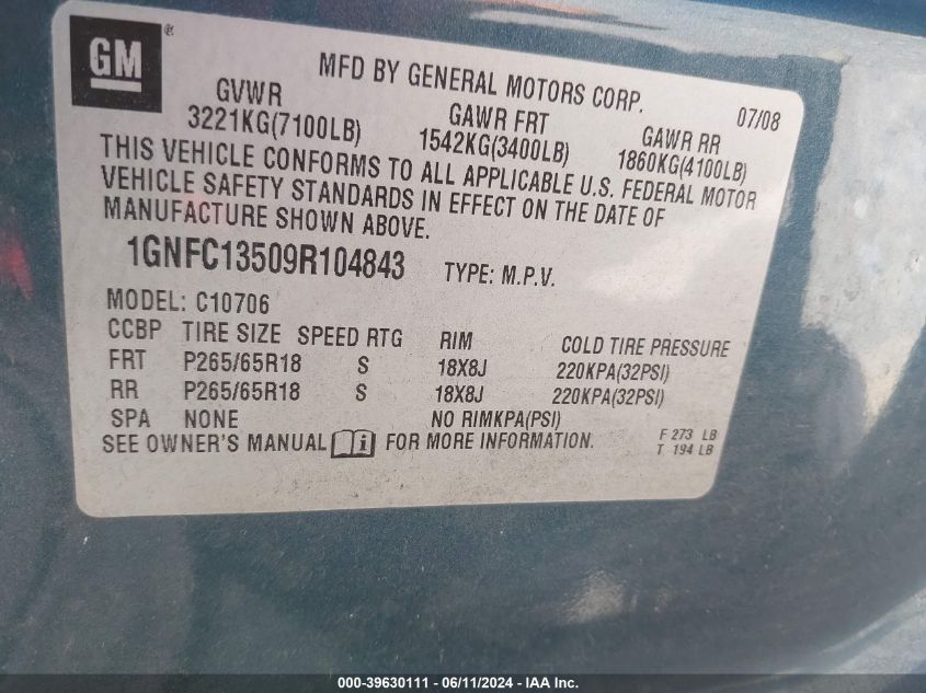 2009 Chevrolet Tahoe Hybrid VIN: 1GNFC13509R104843 Lot: 39630111
