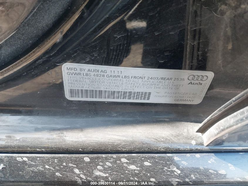 2012 Audi A4 2.0T Premium VIN: WAUHFAFL6CN013820 Lot: 39630114