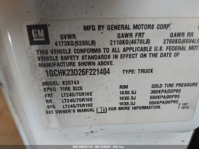 2006 Chevrolet Silverado 2500Hd Lt3 VIN: 1GCHK23D26F221404 Lot: 39630119