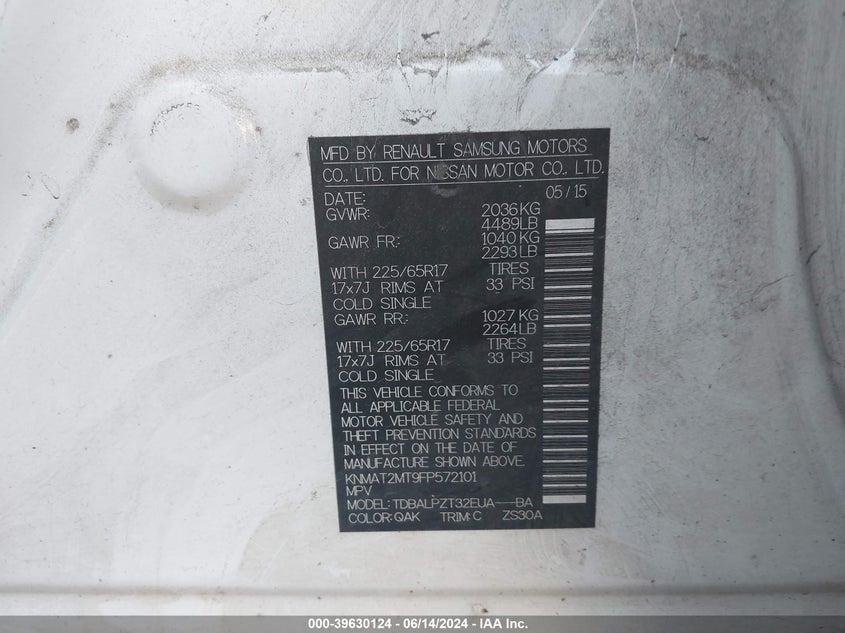 2015 Nissan Rogue S VIN: KNMAT2MT9FP572101 Lot: 39630124