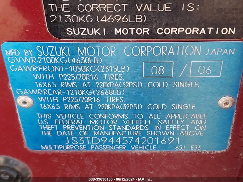 2007 Suzuki Grand Vitara Xsport VIN: JS3TD944574201691 Lot: 39630130