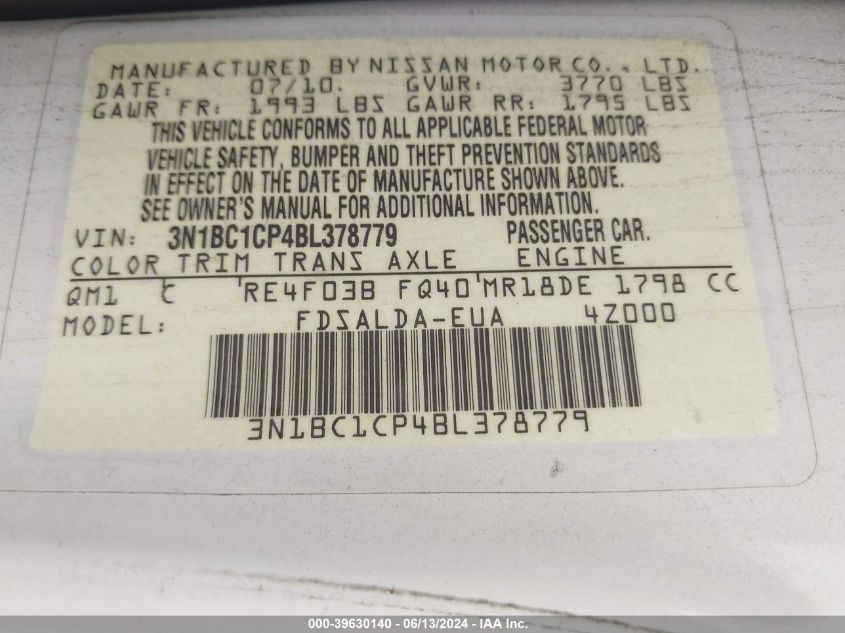 2011 Nissan Versa 1.8S VIN: 3N1BC1CP4BL378779 Lot: 39630140