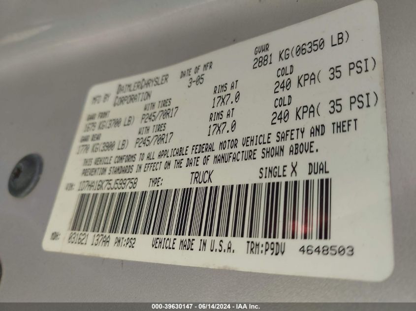 2005 Dodge Ram 1500 St VIN: 1D7HA16K75J599758 Lot: 39630147