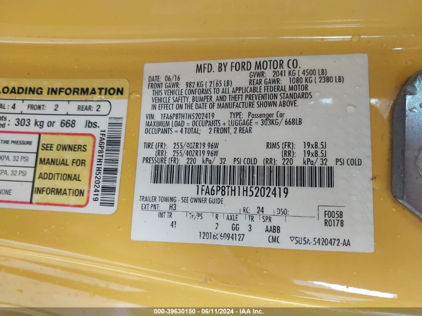 2017 Ford Mustang Ecoboost VIN: 1FA6P8TH1H5202419 Lot: 39630150