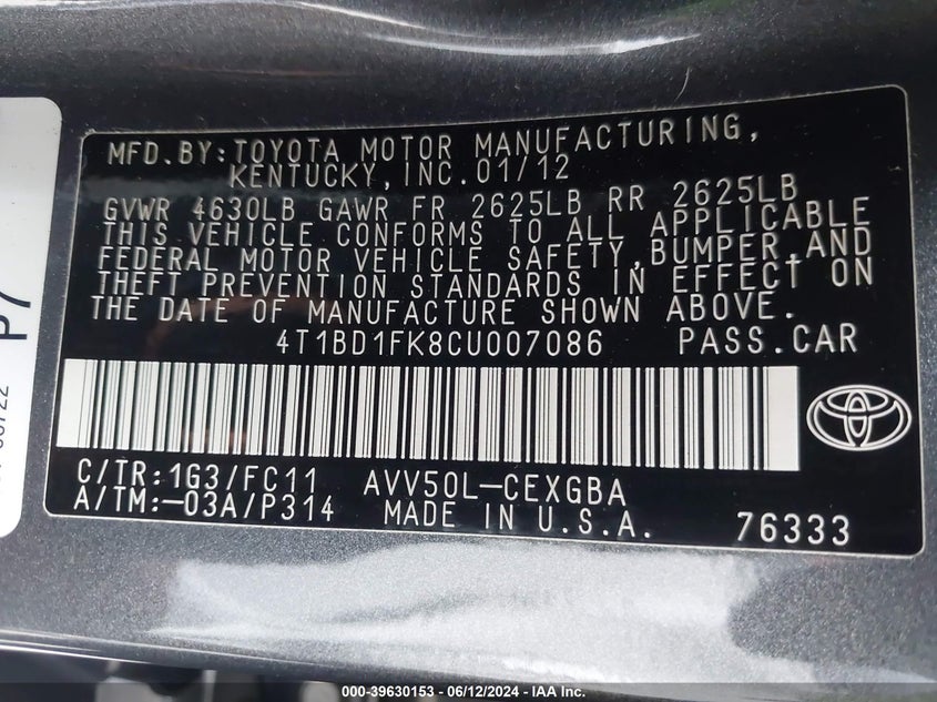 2012 Toyota Camry Hybrid Xle VIN: 4T1BD1FK8CU007086 Lot: 39630153