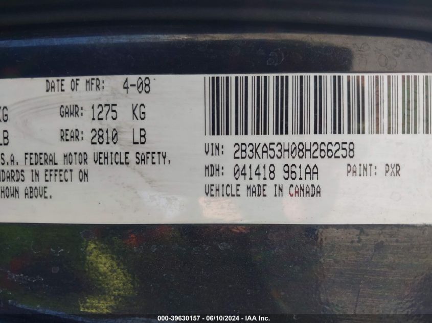 2008 Dodge Charger R/T VIN: 2B3KA53H08H266258 Lot: 39630157