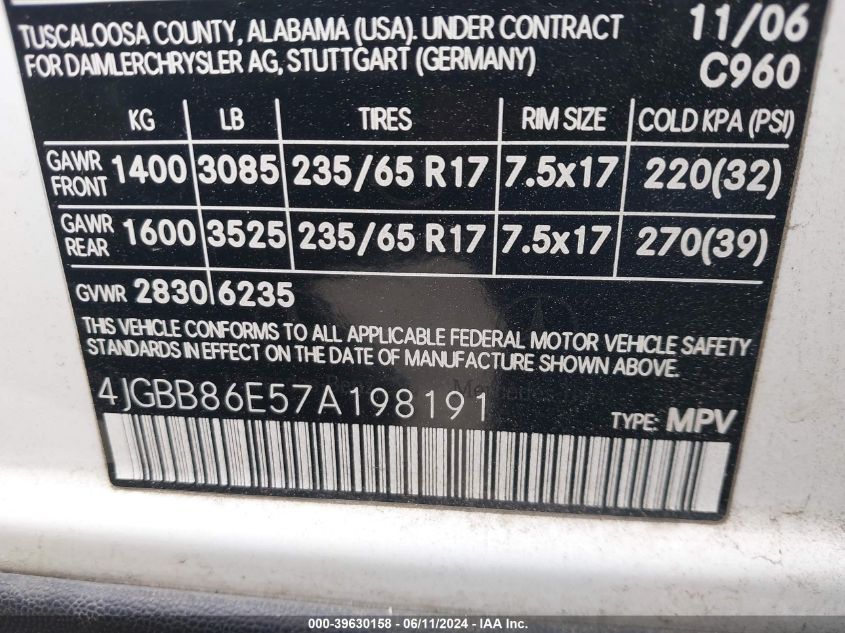 2007 Mercedes-Benz Ml 350 4Matic VIN: 4JGBB86E57A198191 Lot: 39630158