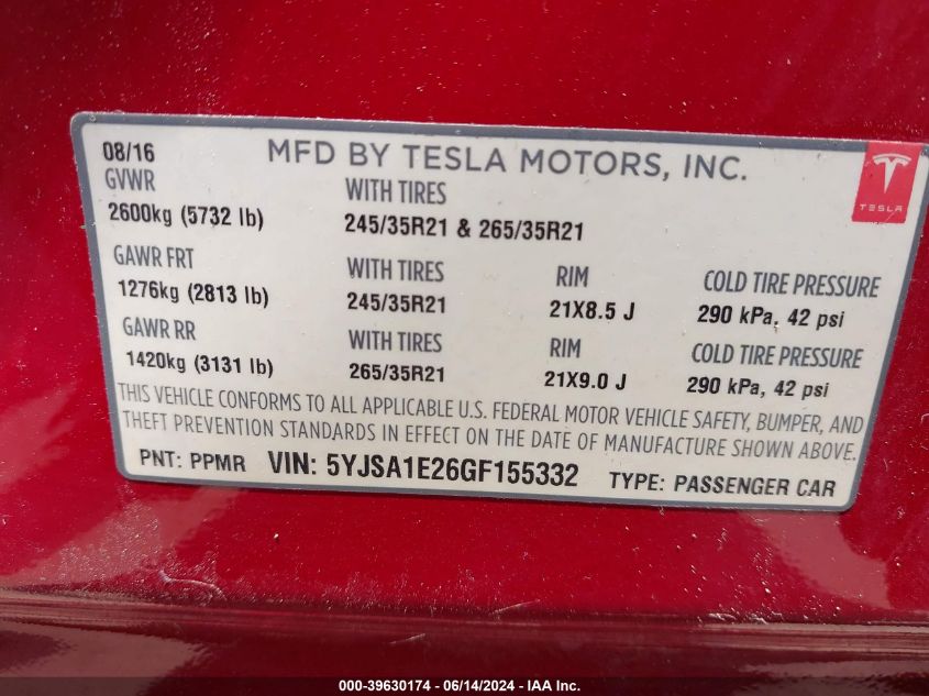 2016 Tesla Model S 60D/70D/75D/85D/90D VIN: 5YJSA1E26GF155332 Lot: 39630174