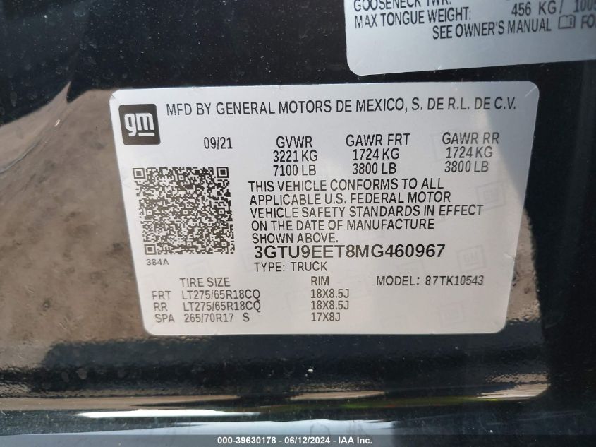 2021 GMC Sierra 1500 4Wd Short Box At4 VIN: 3GTU9EET8MG460967 Lot: 39630178