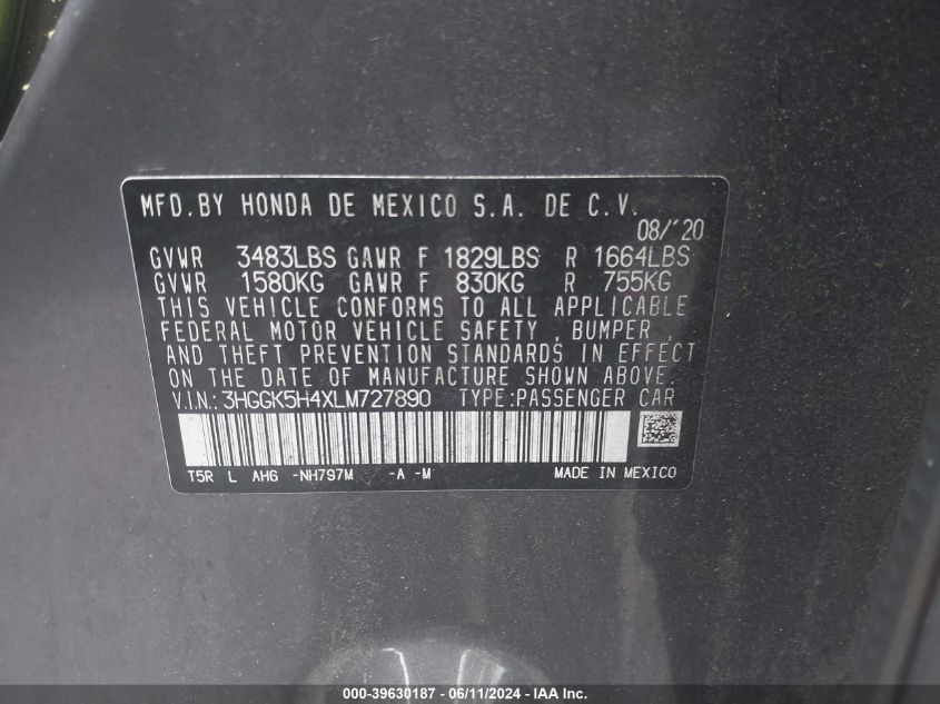 2020 Honda Fit Lx VIN: 3HGGK5H4XLM727890 Lot: 39630187