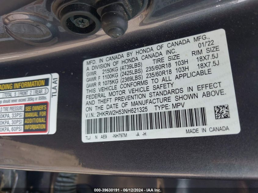 2022 Honda Cr-V Awd Ex VIN: 2HKRW2H53NH621325 Lot: 39630191