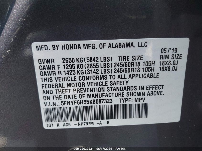 2019 Honda Pilot Ex-L VIN: 5FNYF6H55KB087323 Lot: 39630221