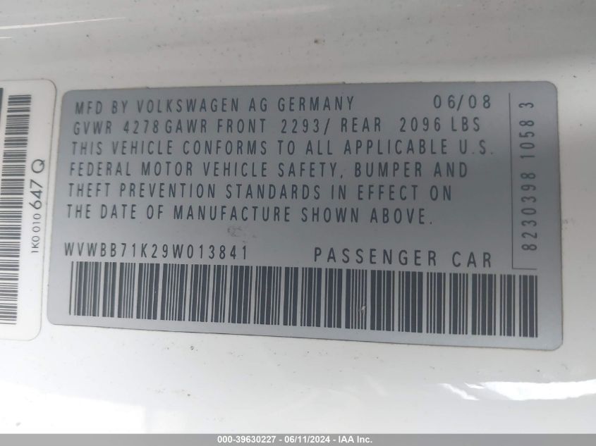 2009 Volkswagen Rabbit S VIN: WVWBB71K29W013841 Lot: 39630227