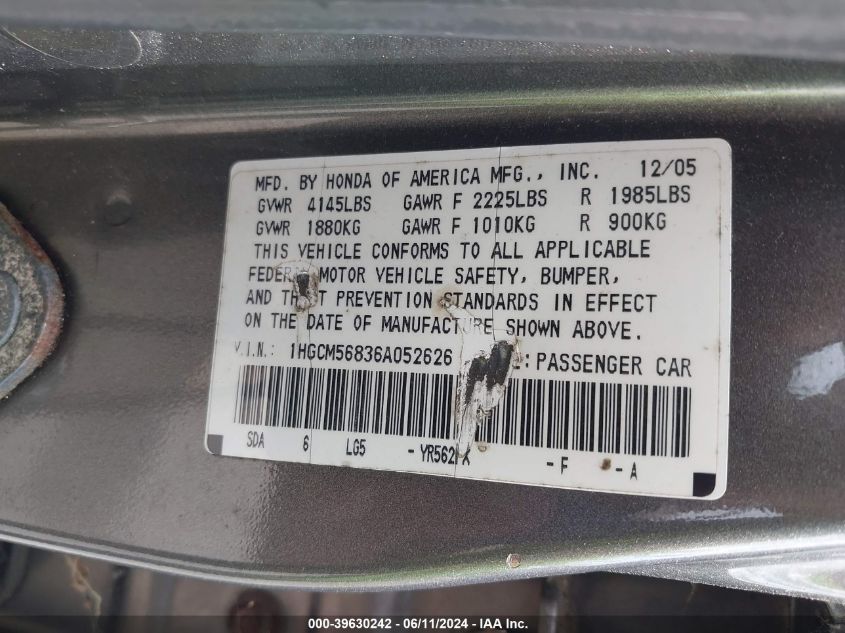 2006 Honda Accord 2.4 Ex VIN: 1HGCM56836A052626 Lot: 39630242