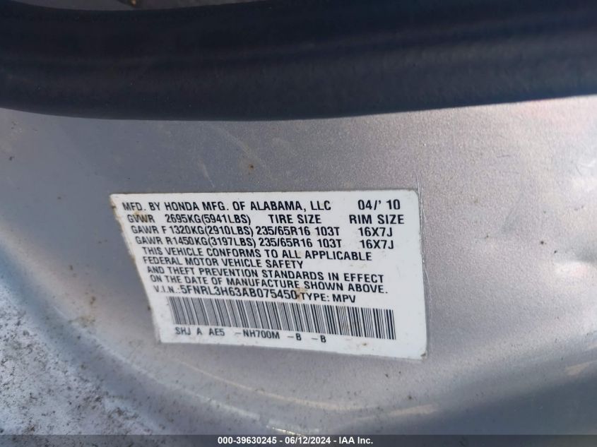 2010 Honda Odyssey Ex-L VIN: 5FNRL3H63AB075450 Lot: 39630245