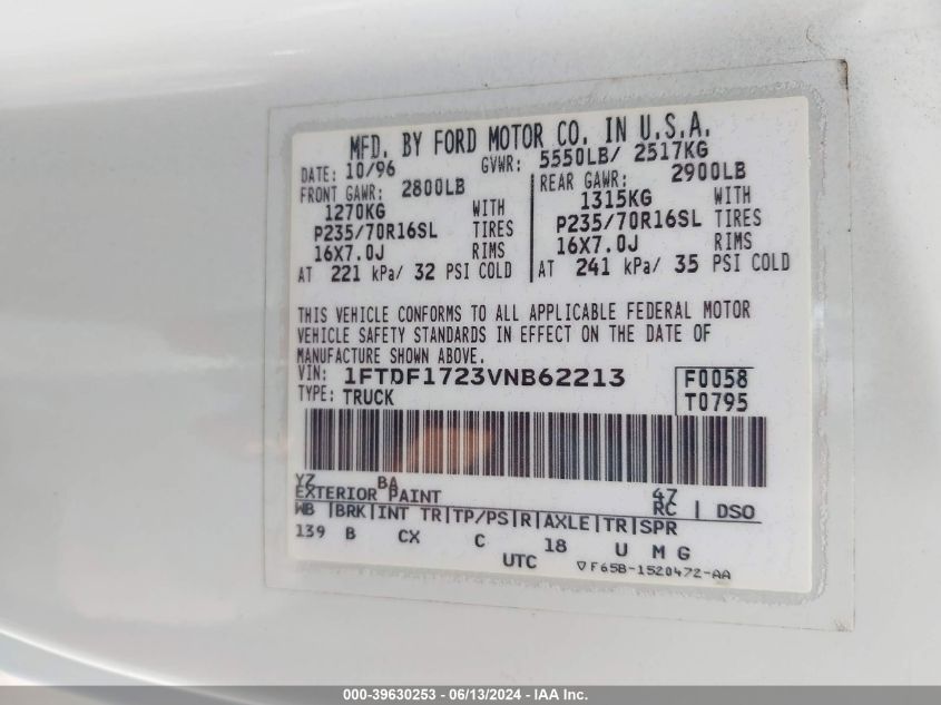 1997 Ford F-150 Standard/Xl/Xlt VIN: 1FTDF1723VNB62213 Lot: 39630253