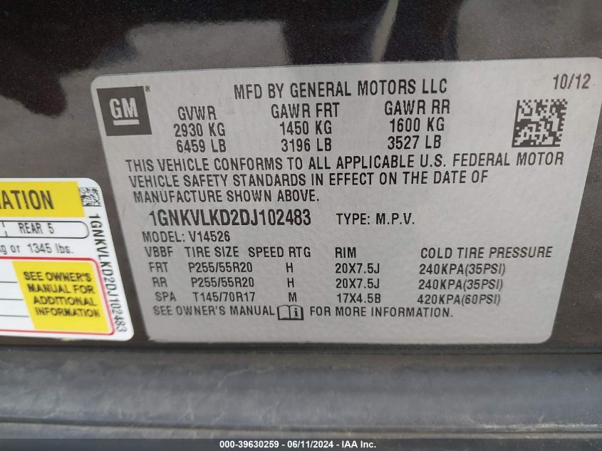 2013 Chevrolet Traverse Ltz VIN: 1GNKVLKD2DJ102483 Lot: 39630259