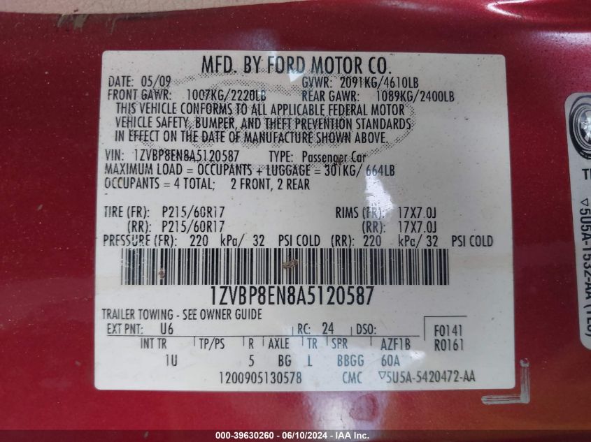 2010 Ford Mustang V6/V6 Premium VIN: 1ZVBP8EN8A5120587 Lot: 39630260