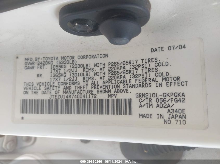 2004 Toyota 4Runner Sr5 V6 VIN: JTEZU14R740041172 Lot: 39630266