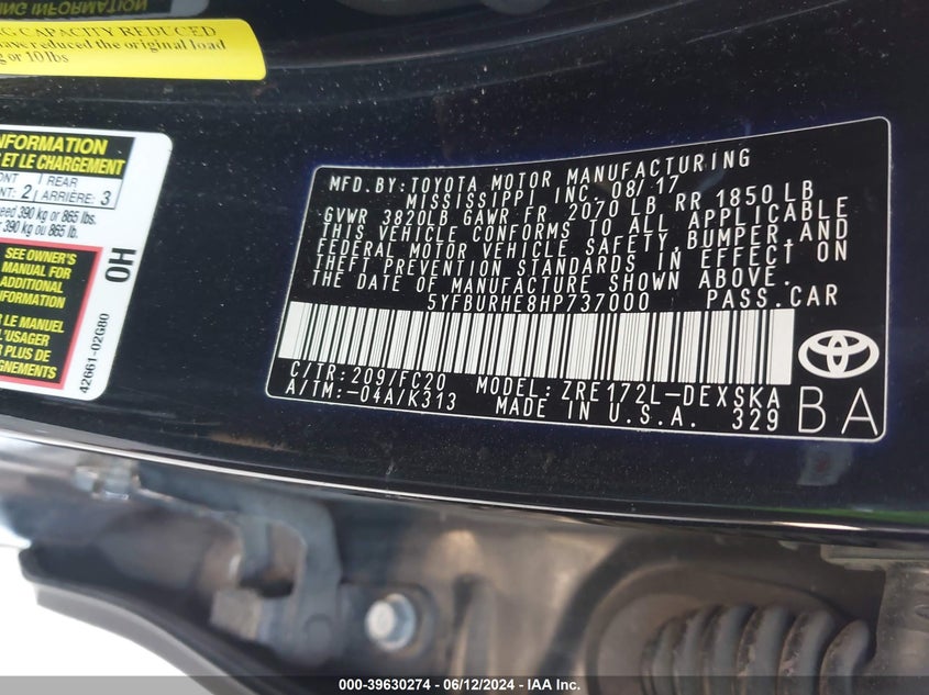 2017 TOYOTA COROLLA L/LE/XLE/SE/XSE - 5YFBURHE8HP737000