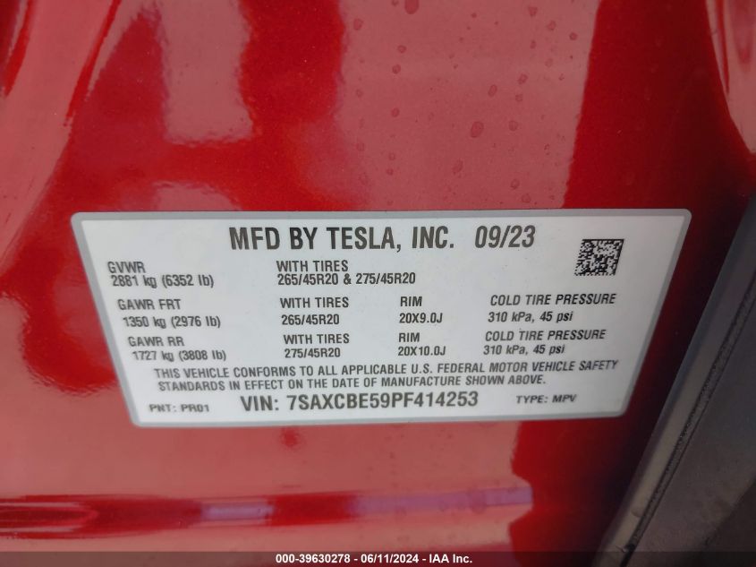 2023 Tesla Model X Dual Motor All-Wheel Drive/Standard Range VIN: 7SAXCBE59PF414253 Lot: 39630278