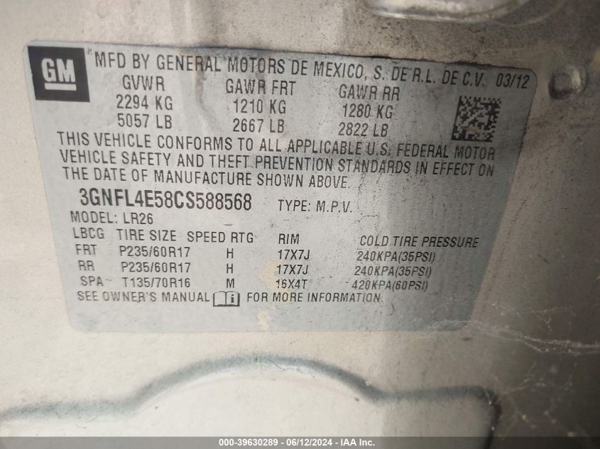 2012 Chevrolet Captiva Sport Ltz VIN: 3GNFL4E58CS588568 Lot: 39630289