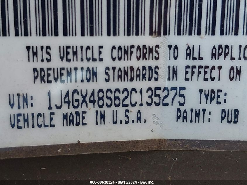 2002 Jeep Grand Cherokee Laredo VIN: 1J4GX48S62C135275 Lot: 39630324