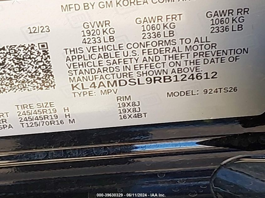 2024 Buick Encore Gx Sport Touring Fwd VIN: KL4AMDSL9RB124612 Lot: 39630329