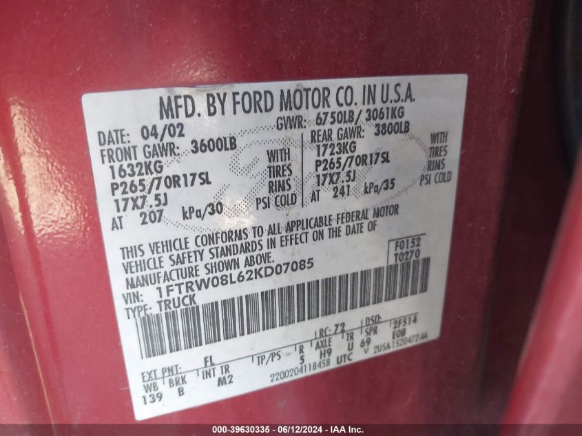 2002 Ford F150 Supercrew VIN: 1FTRW08L62KD085 Lot: 39630335