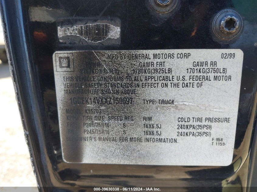 1999 Chevrolet Silverado 1500 Ls VIN: 1GCEK14VXXZ150697 Lot: 39630338