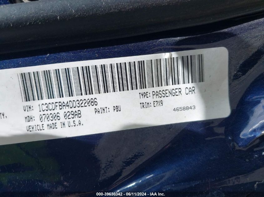 2013 Dodge Dart Sxt VIN: 1C3CDFBA4DD322086 Lot: 39630342