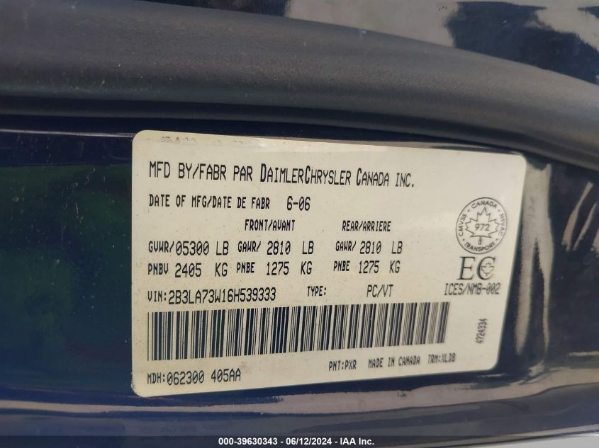 2006 Dodge Charger Srt8 VIN: 2B3LA73W16H539333 Lot: 39630343