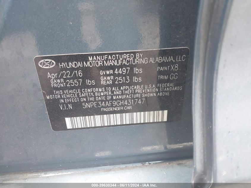 2016 Hyundai Sonata Sport VIN: 5NPE34AF9GH431747 Lot: 39630344