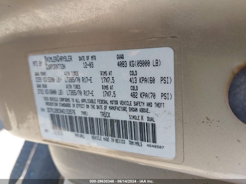 2004 Dodge Ram 2500 Slt/Laramie VIN: 3D7KU28C64G153576 Lot: 39630346