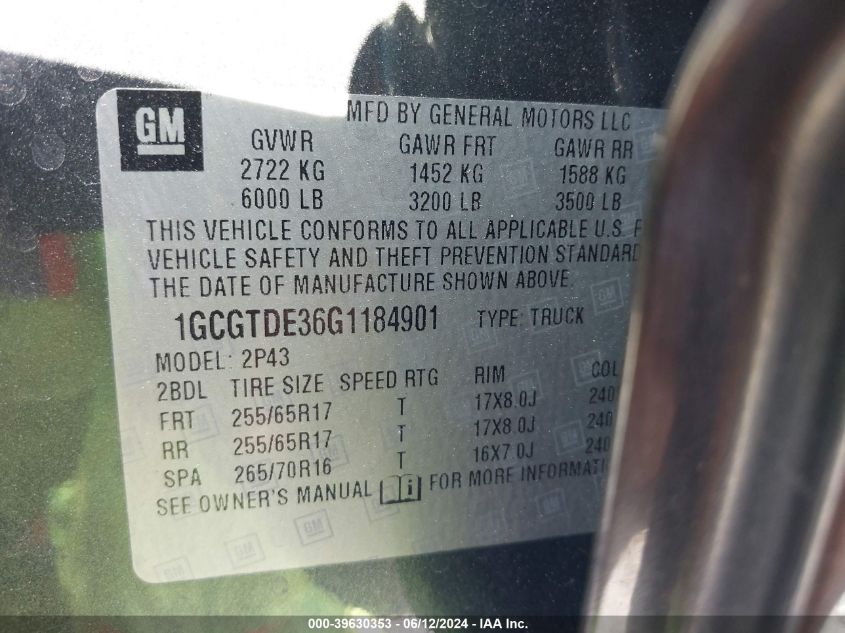 2016 Chevrolet Colorado Z71 VIN: 1GCGTDE36G1184901 Lot: 39630353