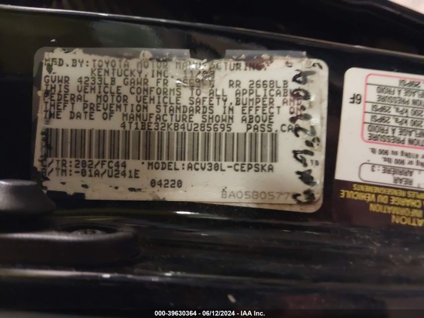 2004 Toyota Camry Se VIN: 4T1BE32K84U285695 Lot: 39630364